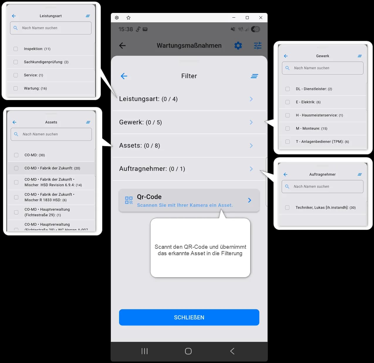 comain smart Filterfunktionen für Wartungsmaßnahmen mit QR-Code-Scanner