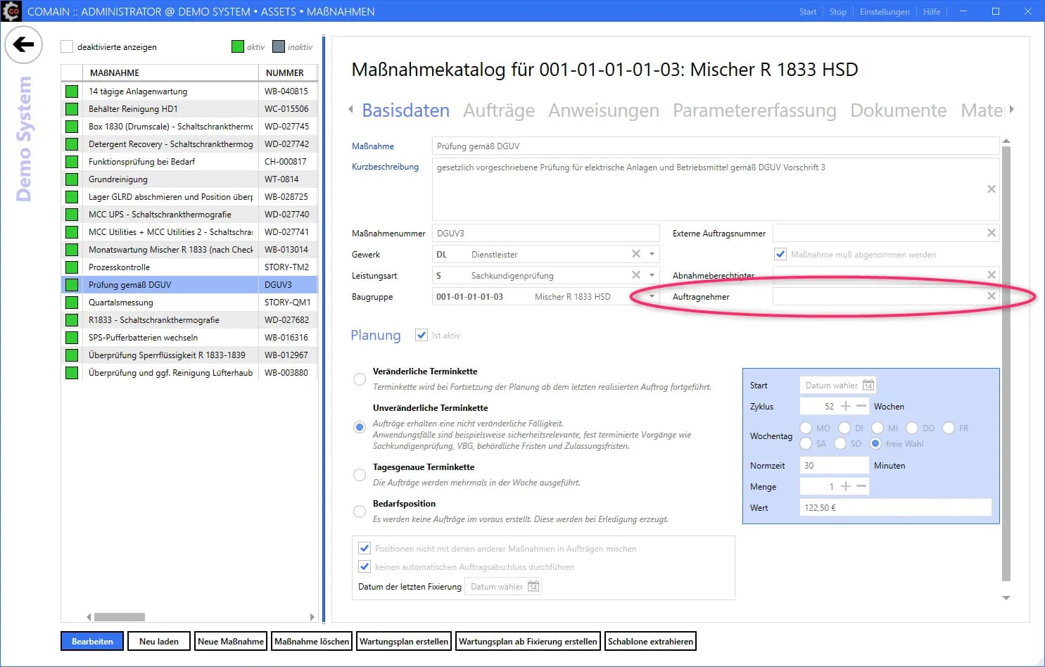 comain Maßnahmenkatalog mit Auftragnehmer-Konfiguration pro Asset