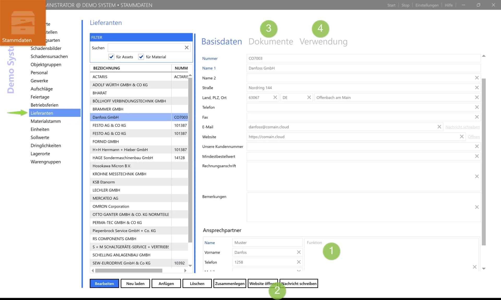 comain Lieferantenverwaltung mit Stammdaten und Ansprechpartner
