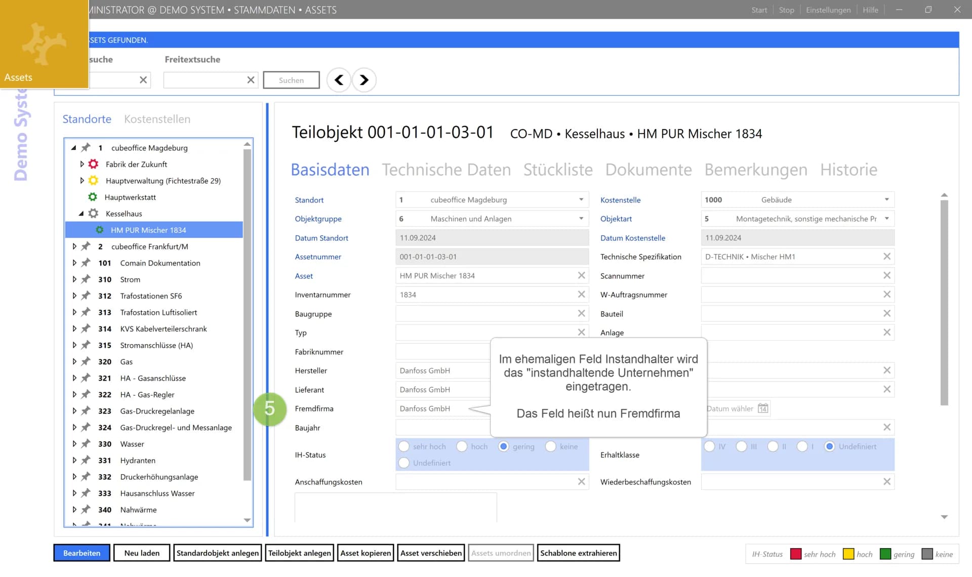 comain Asset-Basisdaten mit Lieferanten-Zuordnung und Fremdfirma