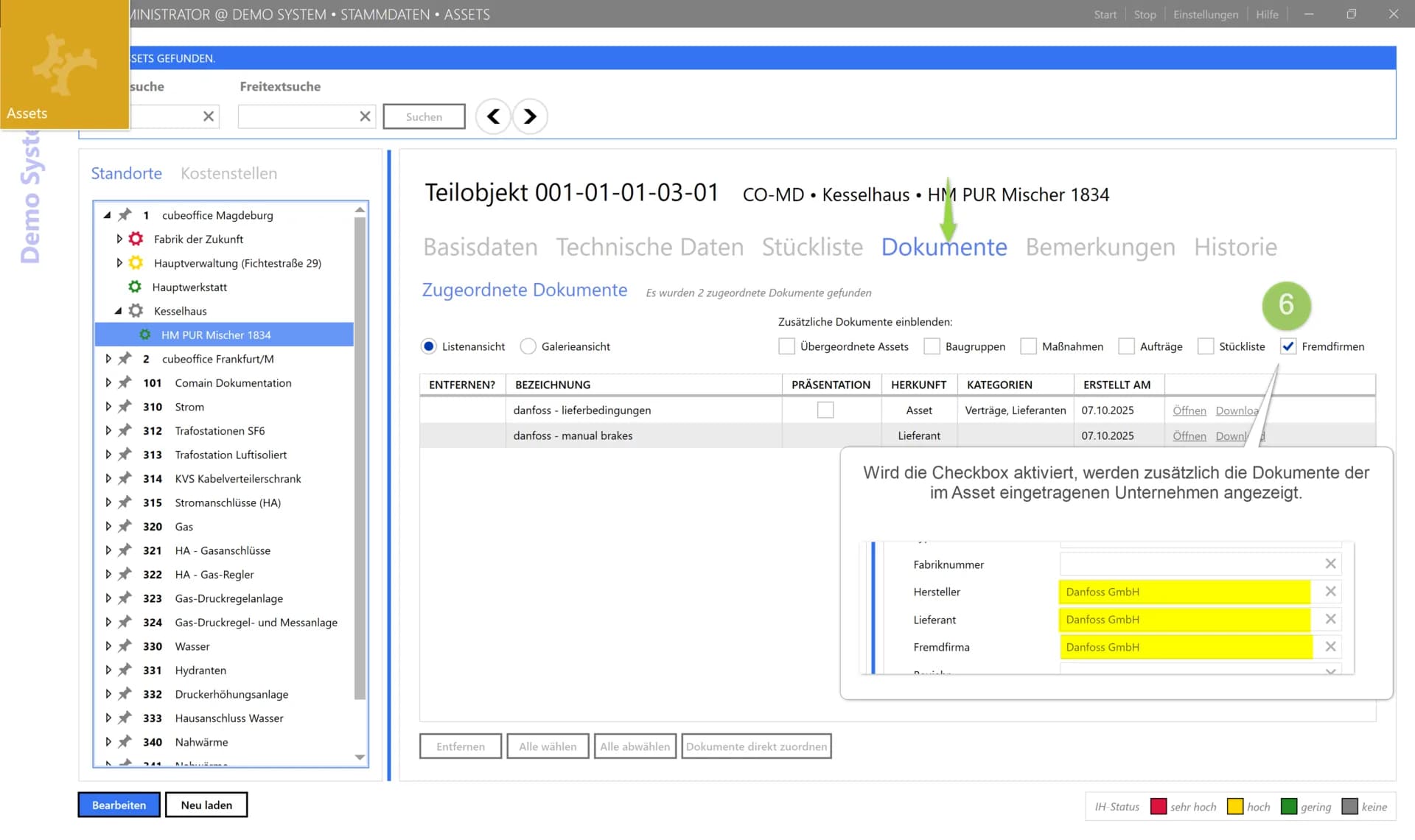 comain Asset-Dokumente mit automatischer Anzeige von Lieferantendokumenten