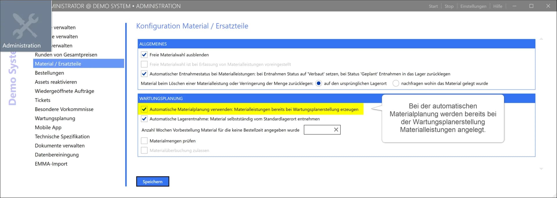comain Administration automatische Materialplanung und Lagerentnahme