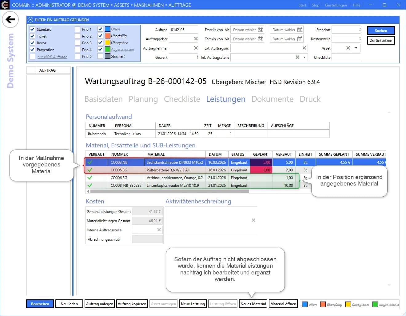 comain Positionsmaterial im Wartungsauftrag - Vorgabe vs. tatsächliches Material
