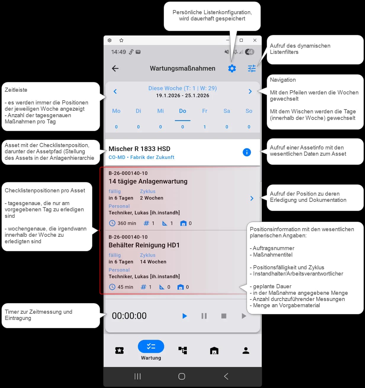 comain.cloud Mobile Wartungsliste mit Checklistenpositionen