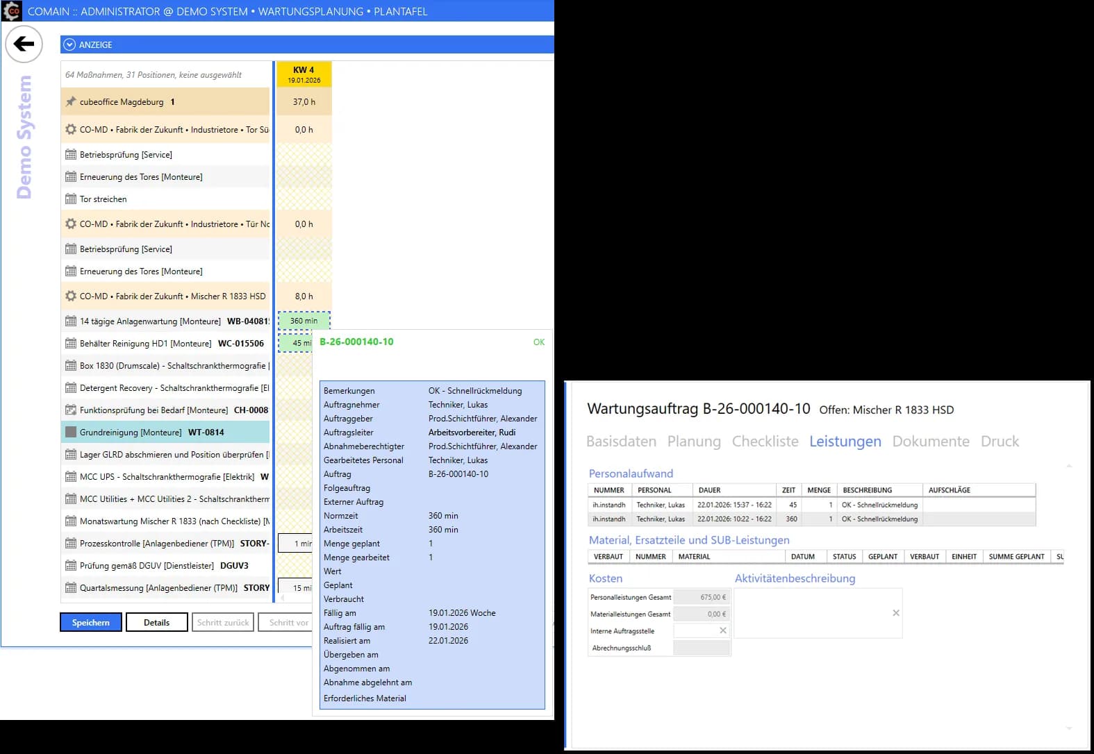 comain.cloud Desktop Wartungsauftrag mit Leistungsübersicht